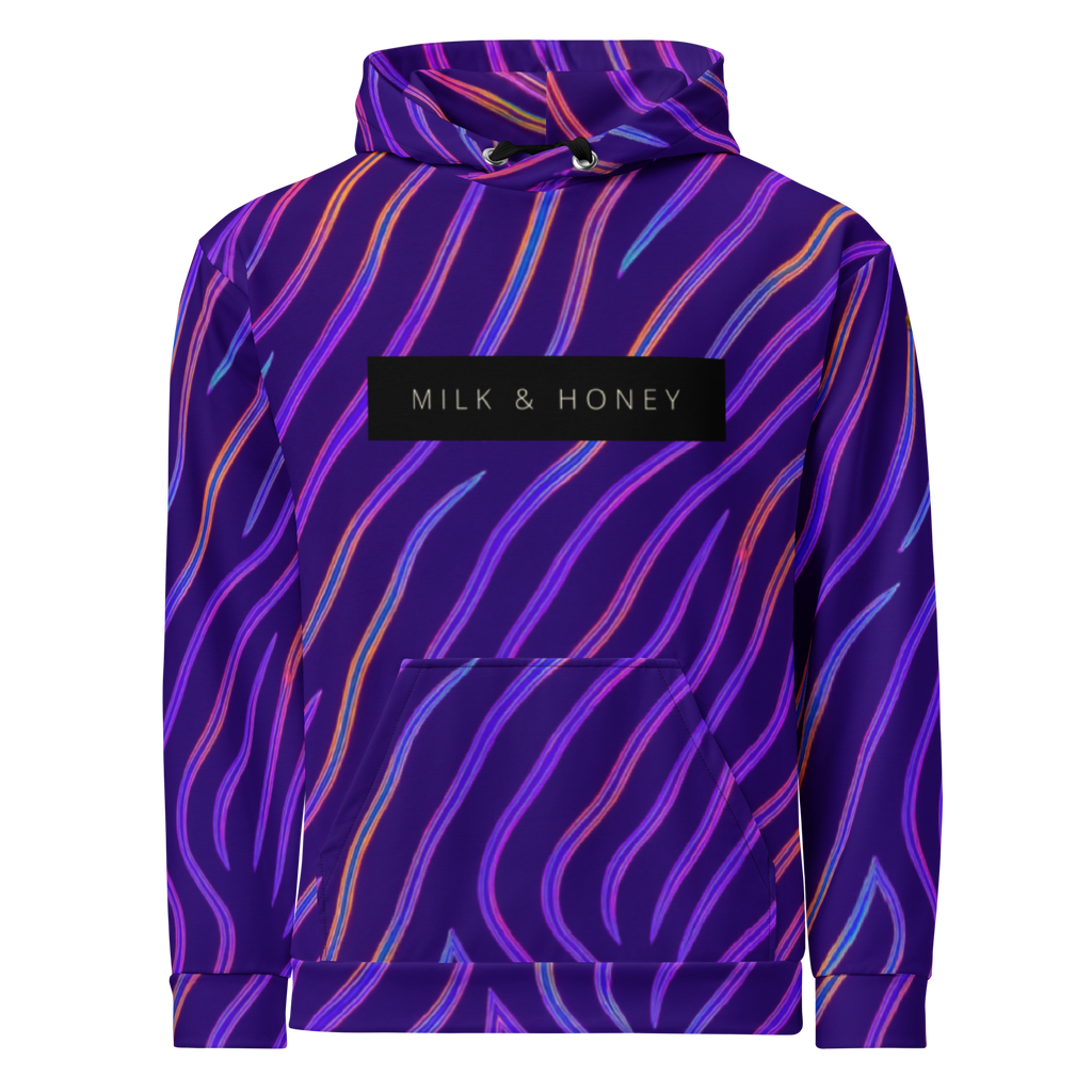 Hoodie with folded hood, black drawstrings and grommets, black "MILK & HONEY" chest label, diagonal neon stripes on purple