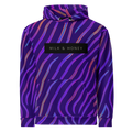 Hoodie with folded hood, black drawstrings and grommets, black "MILK & HONEY" chest label, diagonal neon stripes on purple