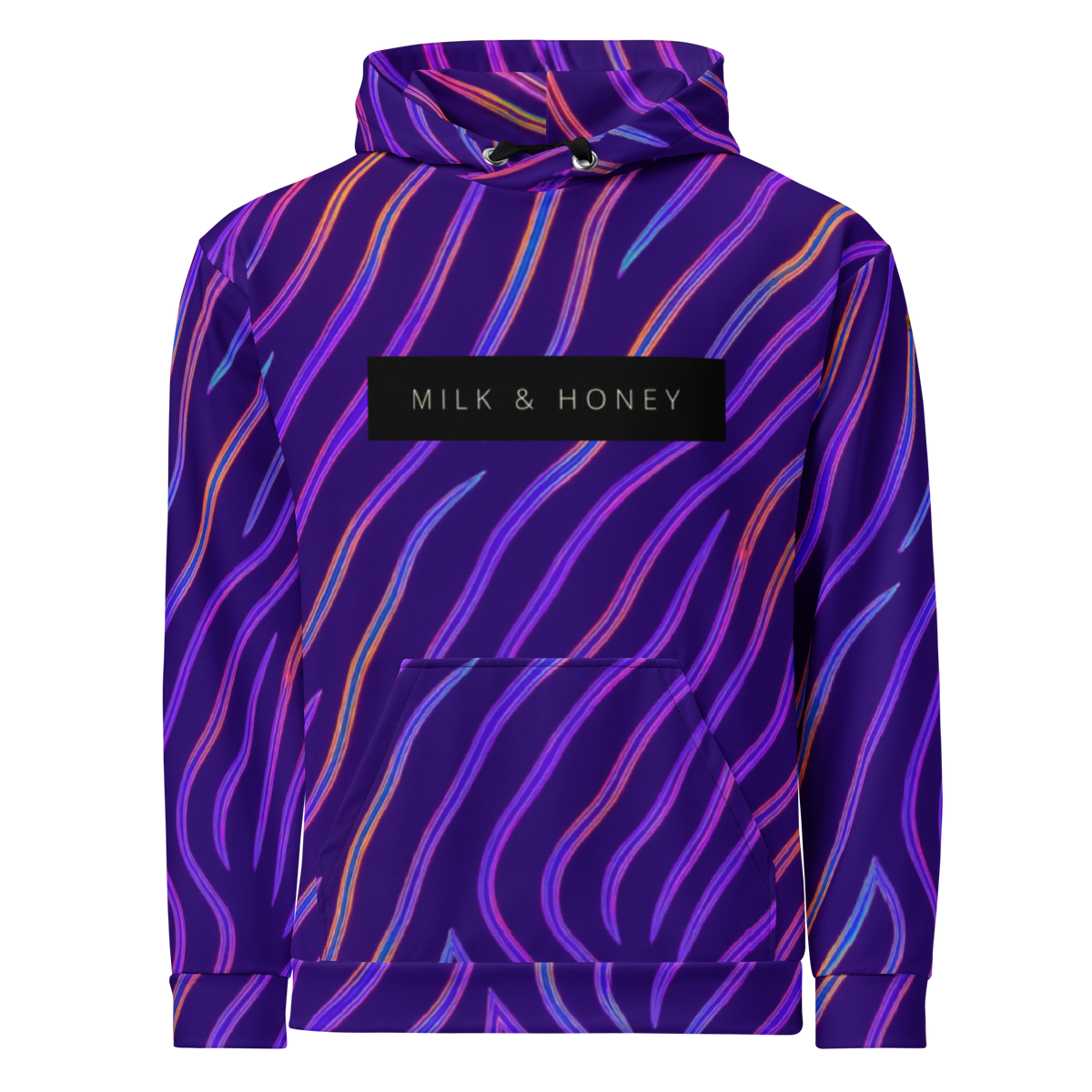 Hoodie with folded hood, black drawstrings and grommets, black "MILK & HONEY" chest label, diagonal neon stripes on purple