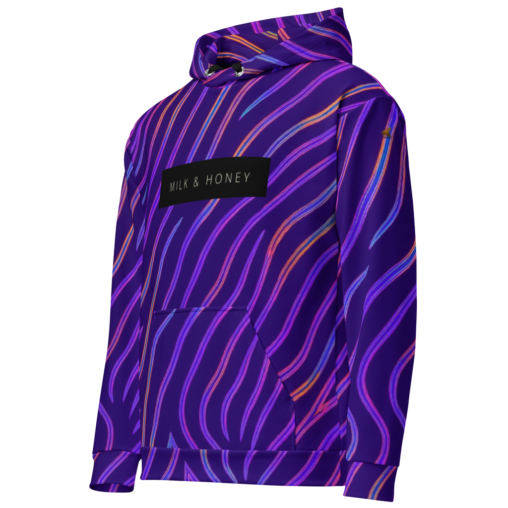 Purple hoodie with diagonal neon wavy stripes, black MILK & HONEY chest patch, double-lined hood and black drawstrings