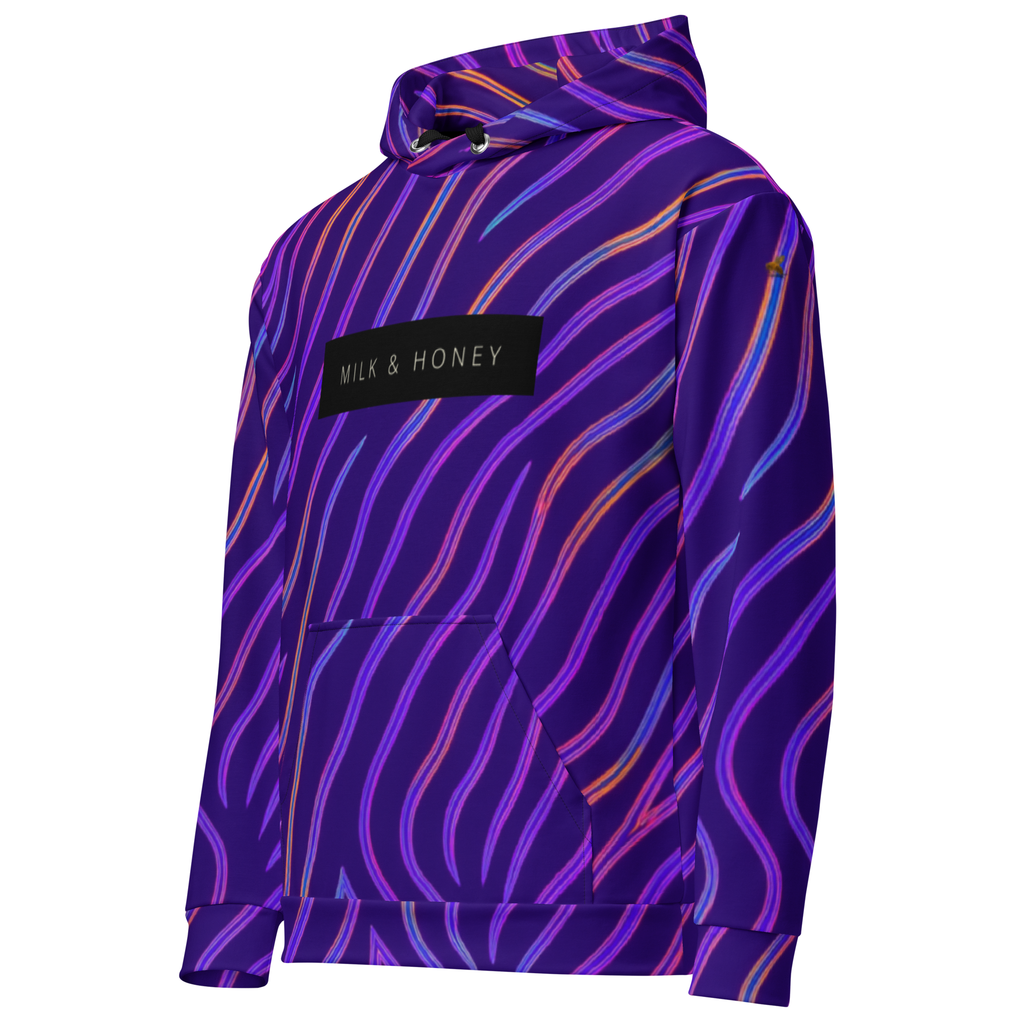 Purple hoodie with diagonal neon wavy stripes, black MILK & HONEY chest patch, double-lined hood and black drawstrings