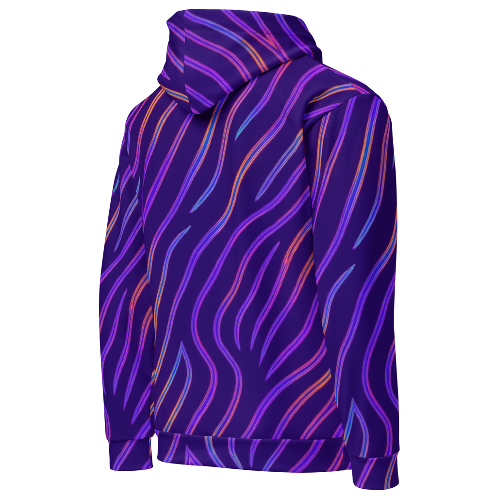 Back view of hoodie with purple base and neon wavy diagonal stripes; hood and shoulder seams visible