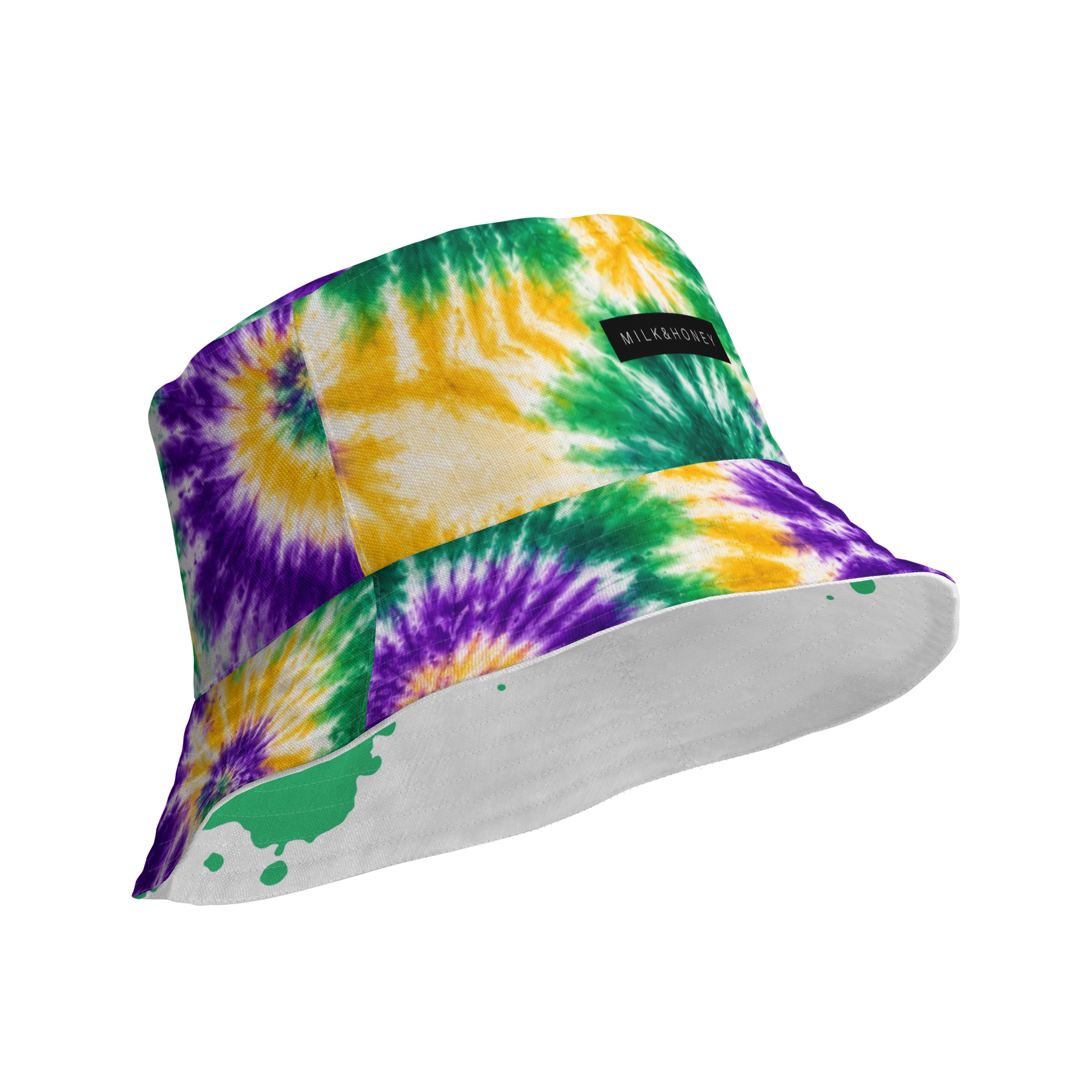 Tie-dye bucket hat with green, yellow and purple swirls, MILK&HONEY label and white brim with green paint splatter
