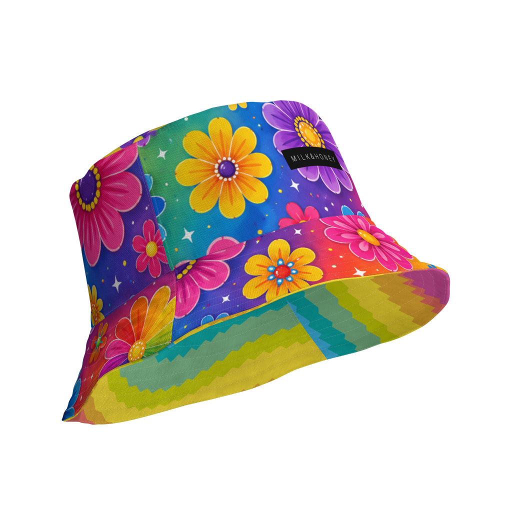 Floral patterned bucket hat with multicolor flowers and a visible "MILK&HONEY" label