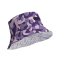 Purple and lavender camouflage bucket hat showing tiger-stripe underbrim and black MILK&HONEY label.
