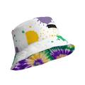 White bucket hat with purple, yellow and green paint-splatter print, black MILK&HONEY label and tie-dye underside