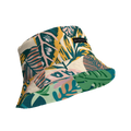 Tropical leaf-pattern reversible bucket hat with teal, green, yellow and pink accents and 'MILK&HONEY' label