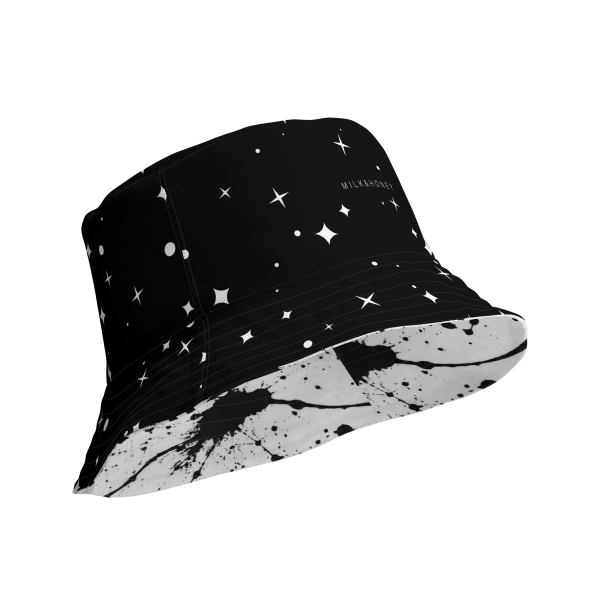 Bucket hat with white star and dot pattern, visible 'MILK&HONEY' text and speckled underside brim