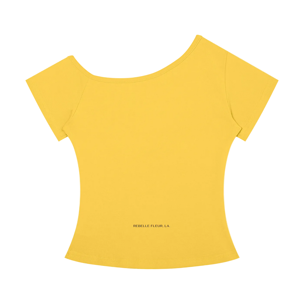 Yellow off-the-shoulder short-sleeve tee with asymmetrical neckline and small 'REBELLE FLEUR, LA' print near hem