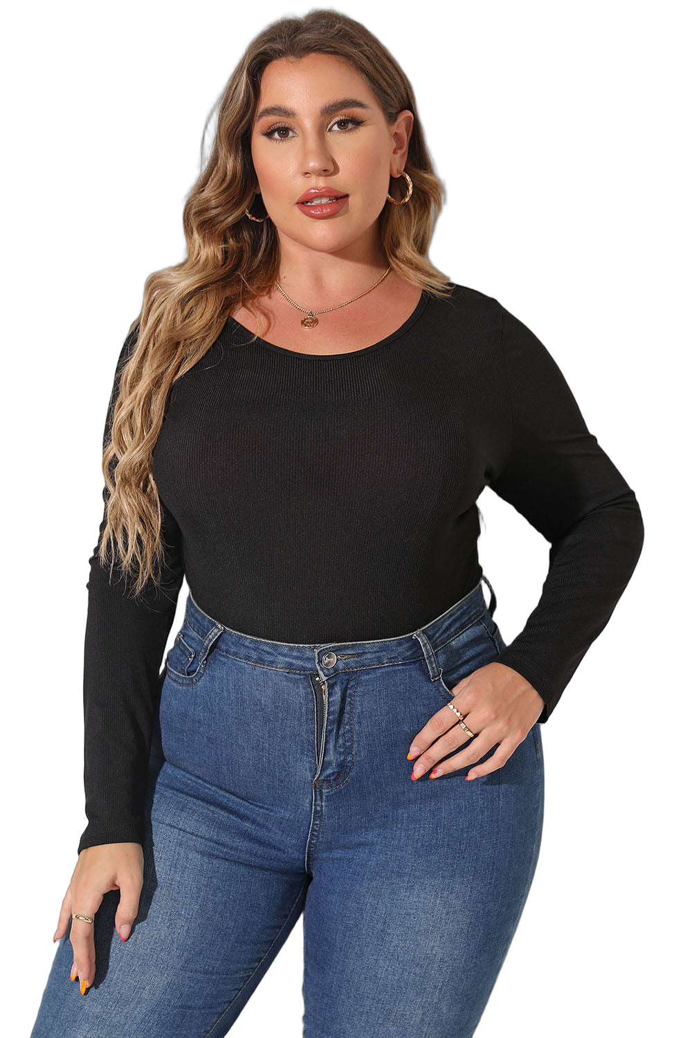 Model wearing black long-sleeve round-neck bodysuit tucked into high-waist blue jeans, gold hoop earrings and pendant.