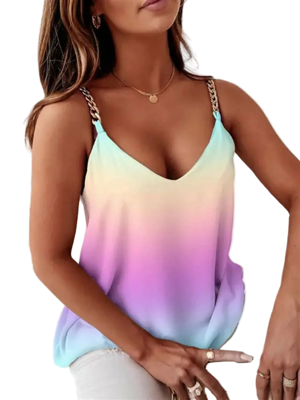 Sleeveless V-neck tank with gold chain shoulder straps and pastel ombré tie-dye top, model wearing necklace and rings