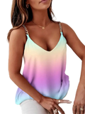Sleeveless V-neck tank with gold chain shoulder straps and pastel ombré tie-dye top, model wearing necklace and rings