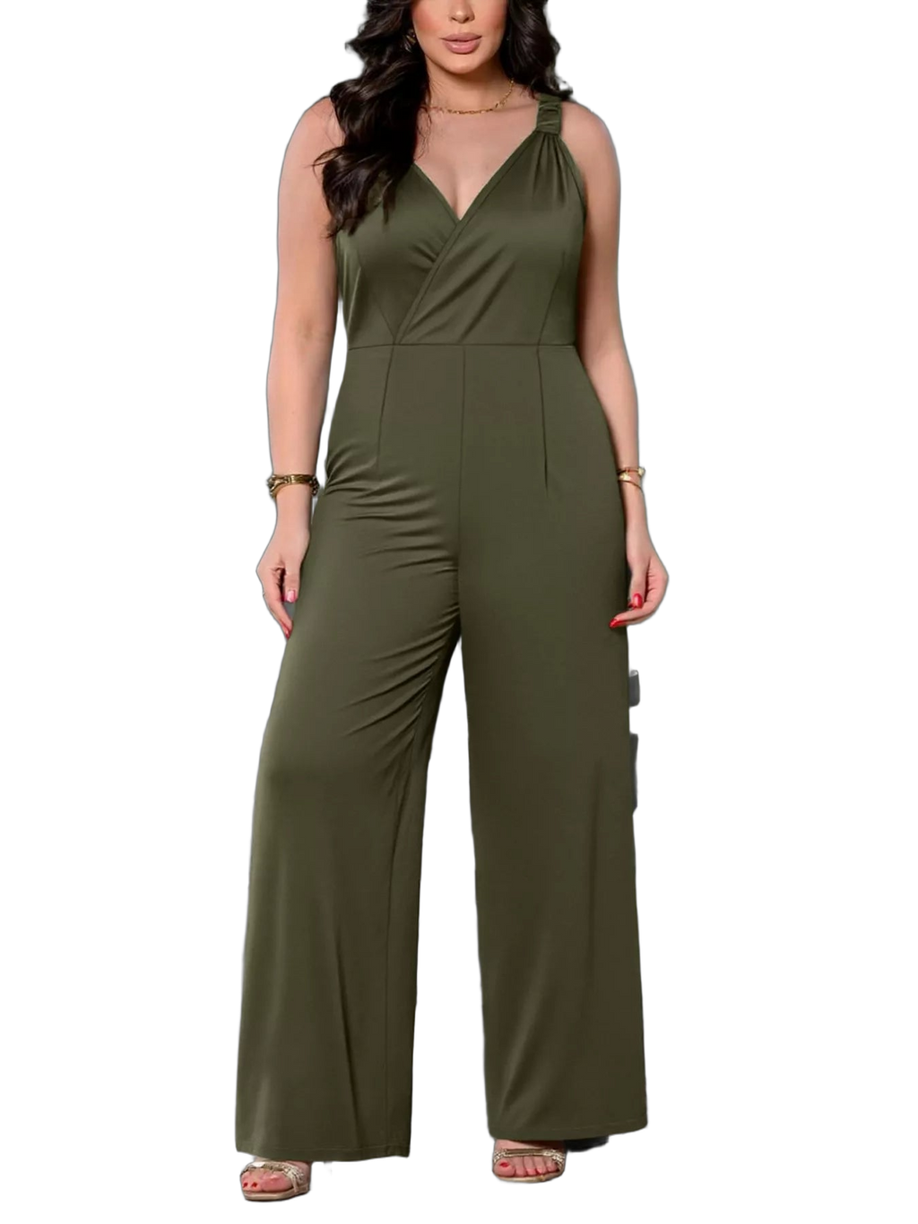 Sleeveless army green V-neck jumpsuit with gathered shoulder strap, defined waist seam and wide legs