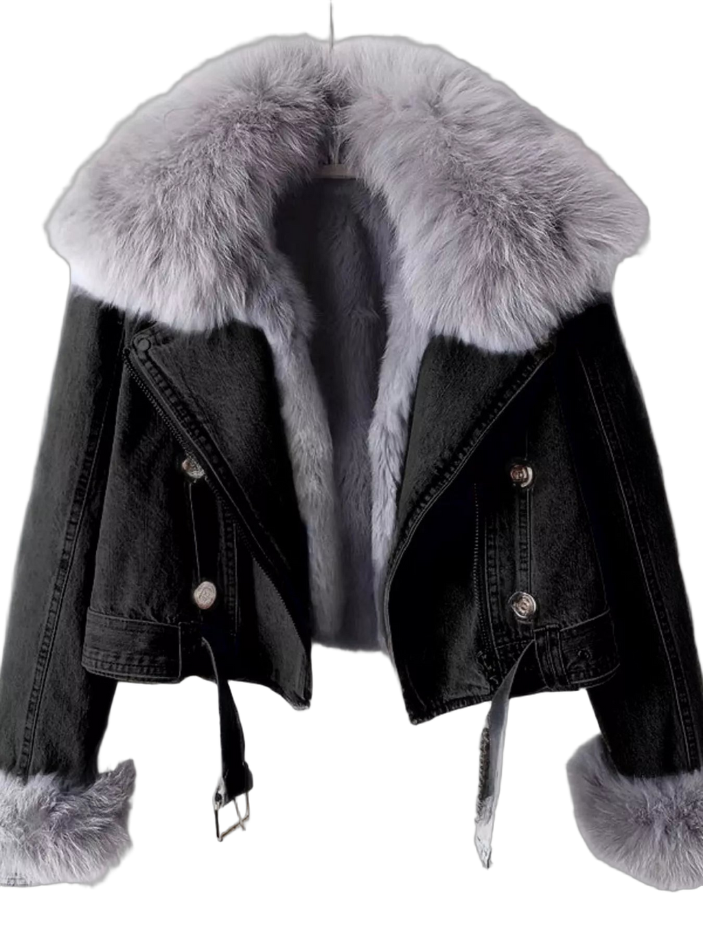 Denim jacket with oversized fluffy faux-fur collar, fur-lined front, fur-trimmed cuffs, metal buttons and waist straps