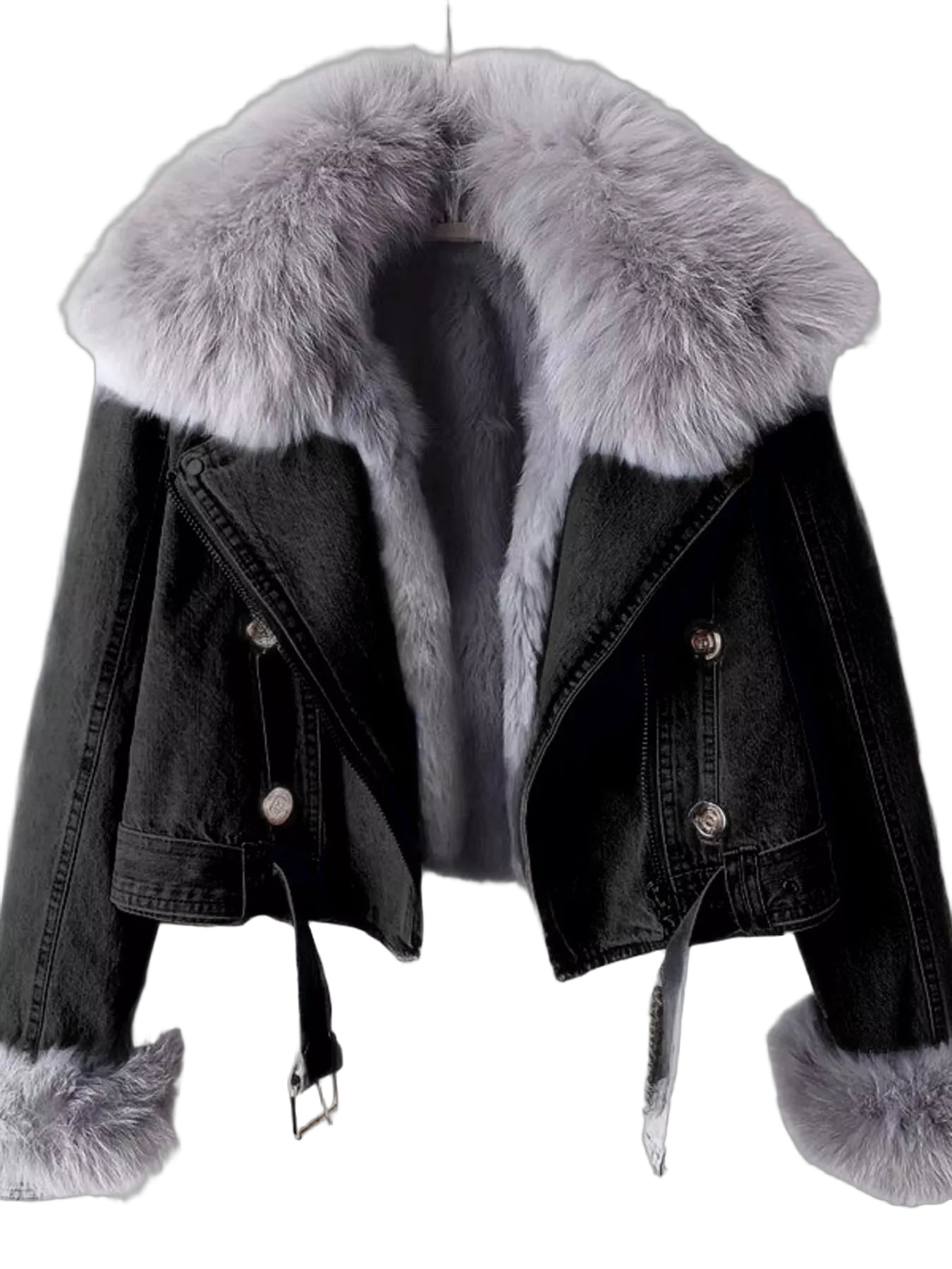 Denim jacket with oversized fluffy faux-fur collar, fur-lined front, fur-trimmed cuffs, metal buttons and waist straps