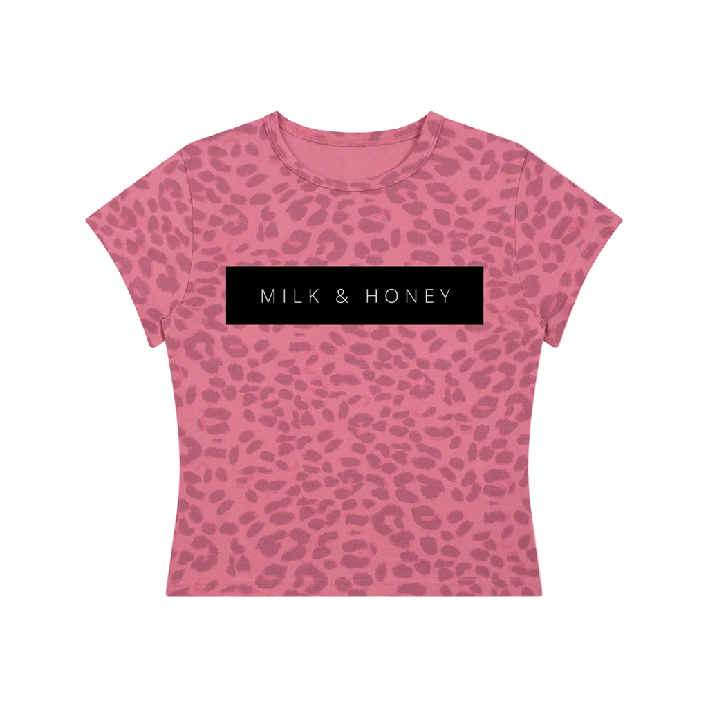 Pink leopard-print cropped t-shirt with round neck, short sleeves and central black 'MILK & HONEY' logo panel