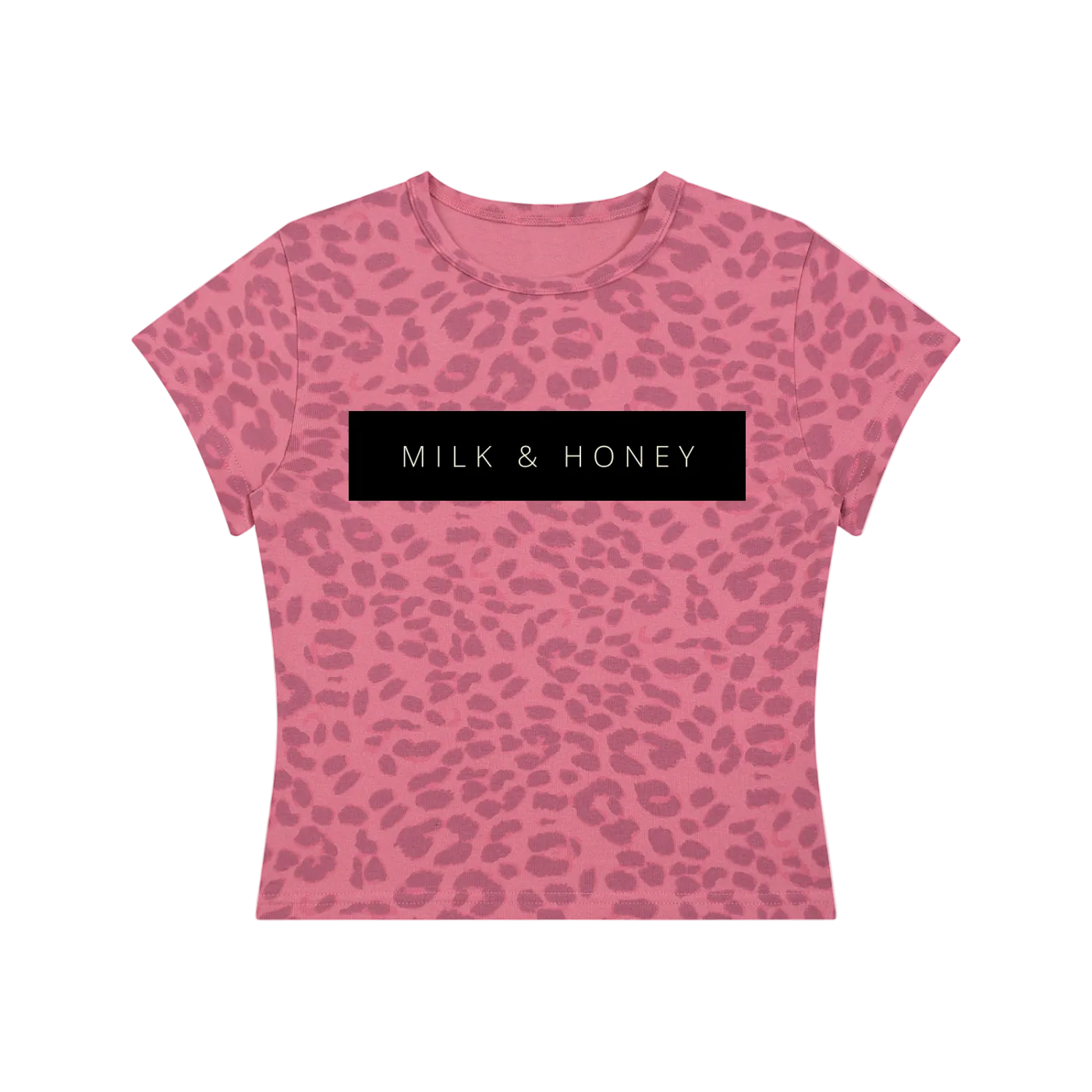 Pink leopard-print cropped t-shirt with round neck, short sleeves and central black 'MILK & HONEY' logo panel