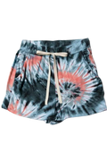 Charcoal and blush swirl tie-dye shorts with light drawstring and side pockets