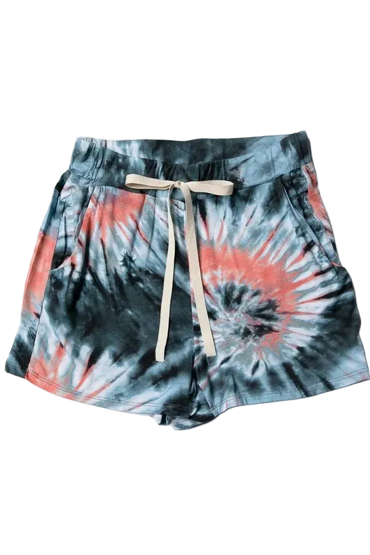 Charcoal and blush swirl tie-dye shorts with light drawstring and side pockets