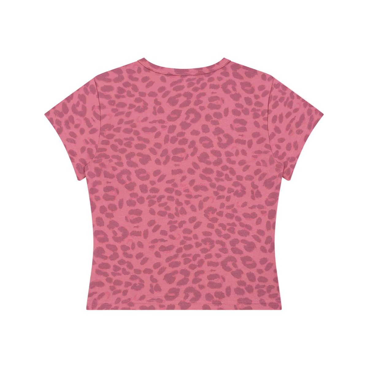 Back view pink leopard-print cropped t-shirt with short sleeves and round neckline