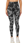 High-waist leggings with black and gray tie-dye pattern, full-length, styled with white sneakers