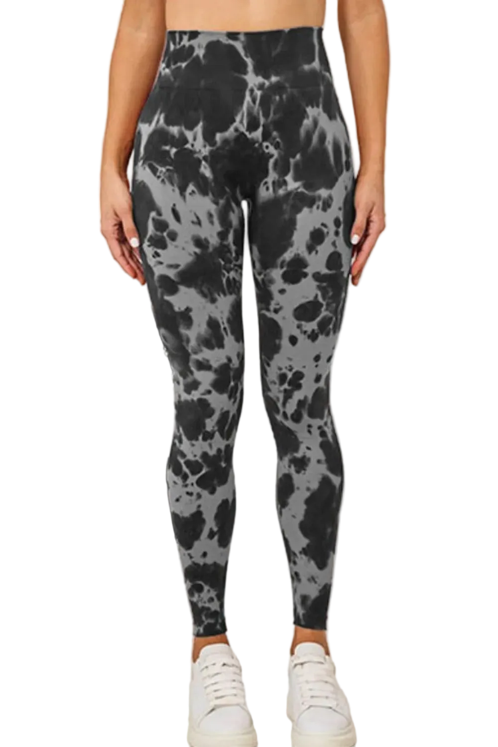 High-waist leggings with black and gray tie-dye pattern, full-length, styled with white sneakers