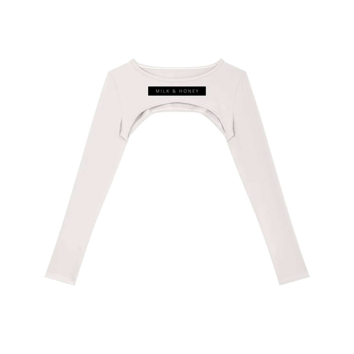 Off-white cropped long-sleeve shrug with round neck, underbust crescent cutout and black rectangular 'MILK & HONEY' chest…