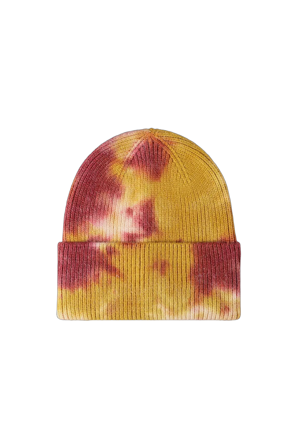 Rib-knit cuffed beanie with yellow and red tie-dye splotches and folded cuff on black background