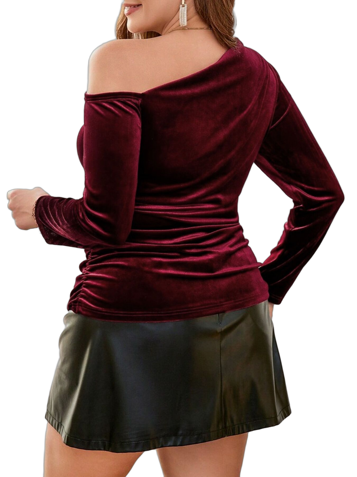 Back view of woman wearing burgundy velvet one-shoulder blouse with long sleeves, ruched side and black skirt