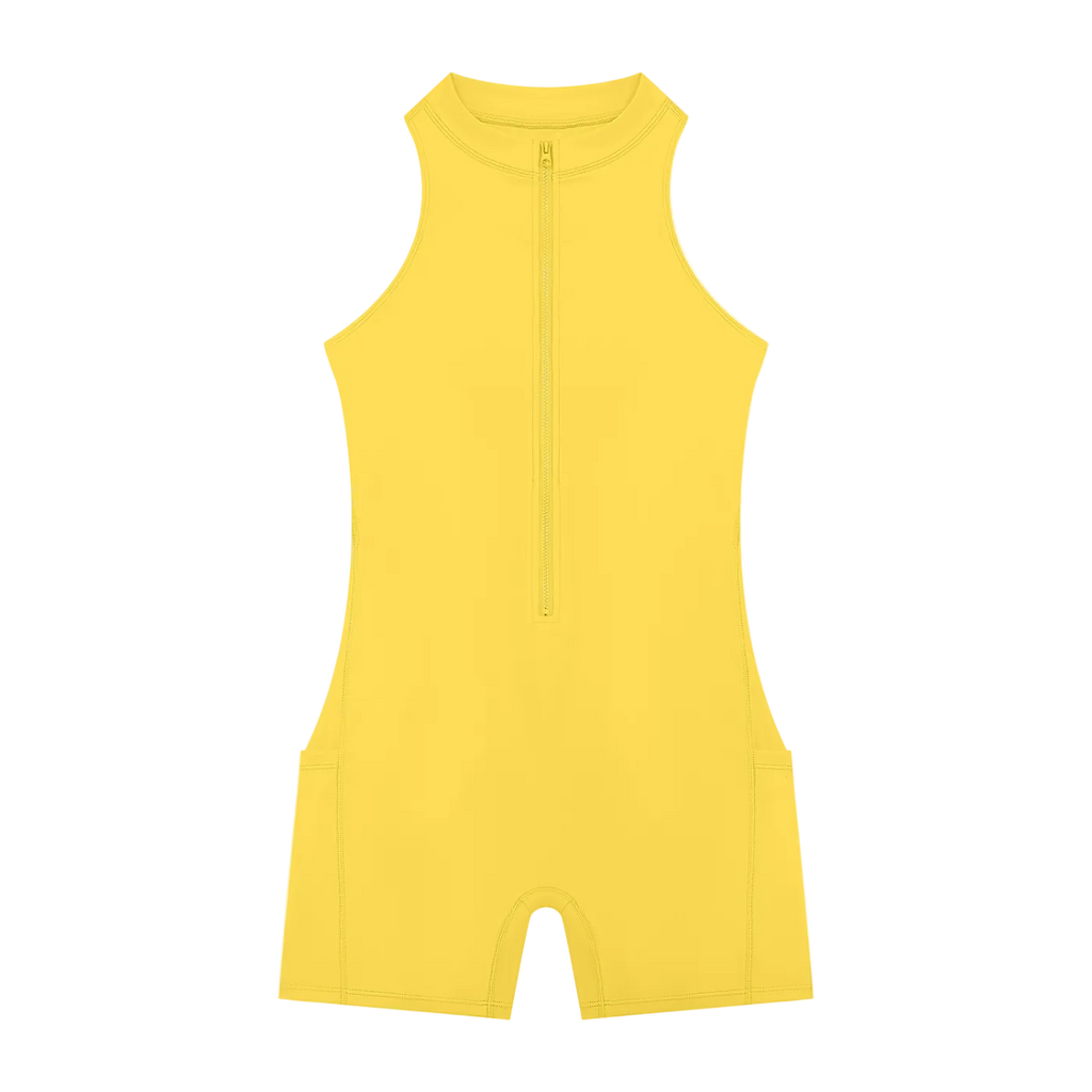 Yellow sleeveless quarter-zip romper with high neckline and short bike-length legs