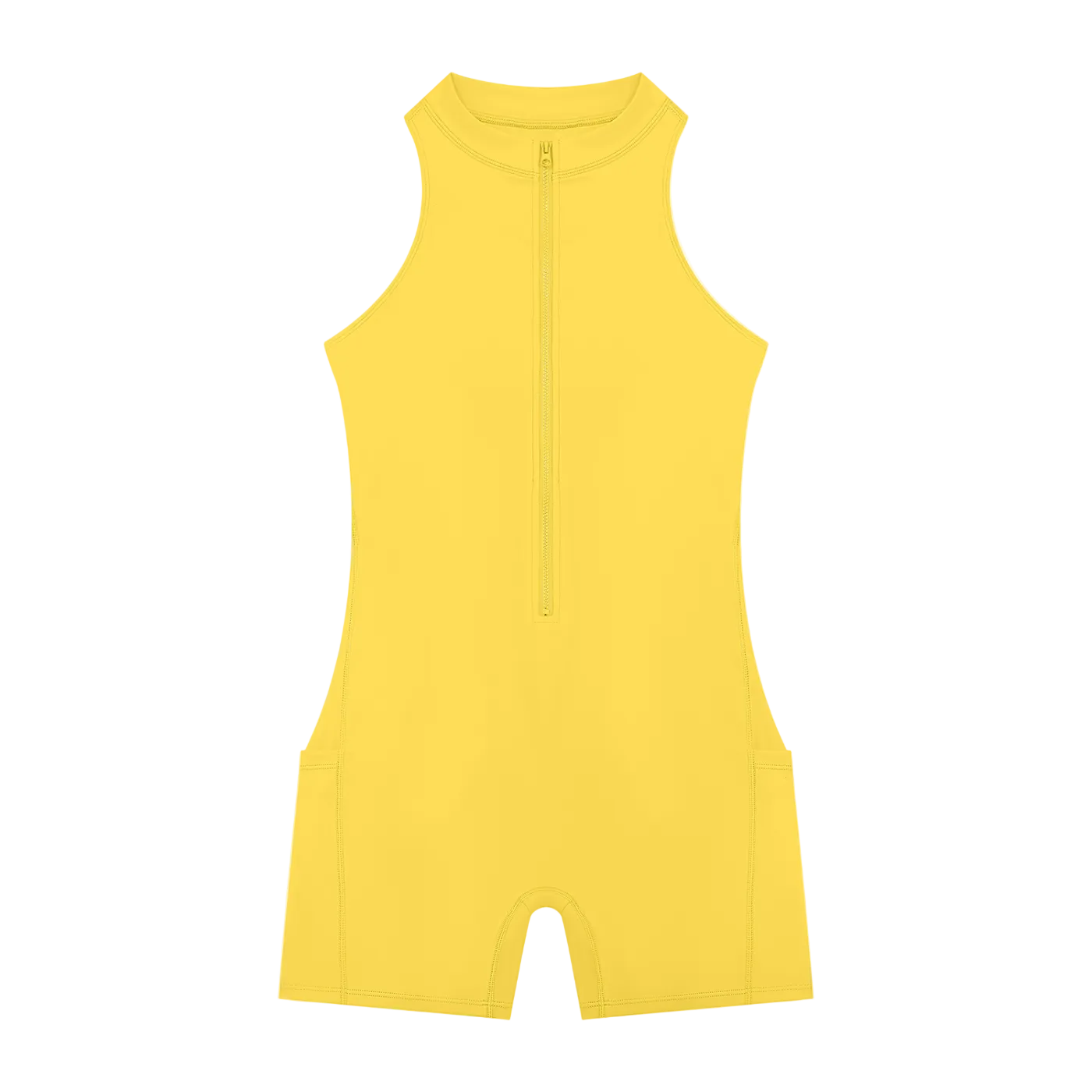 Yellow sleeveless quarter-zip romper with high neckline and short bike-length legs