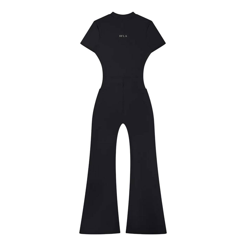 Short-sleeve fitted one-piece with pronounced waist cutouts, flared legs and small centered RFLA logo near upper back