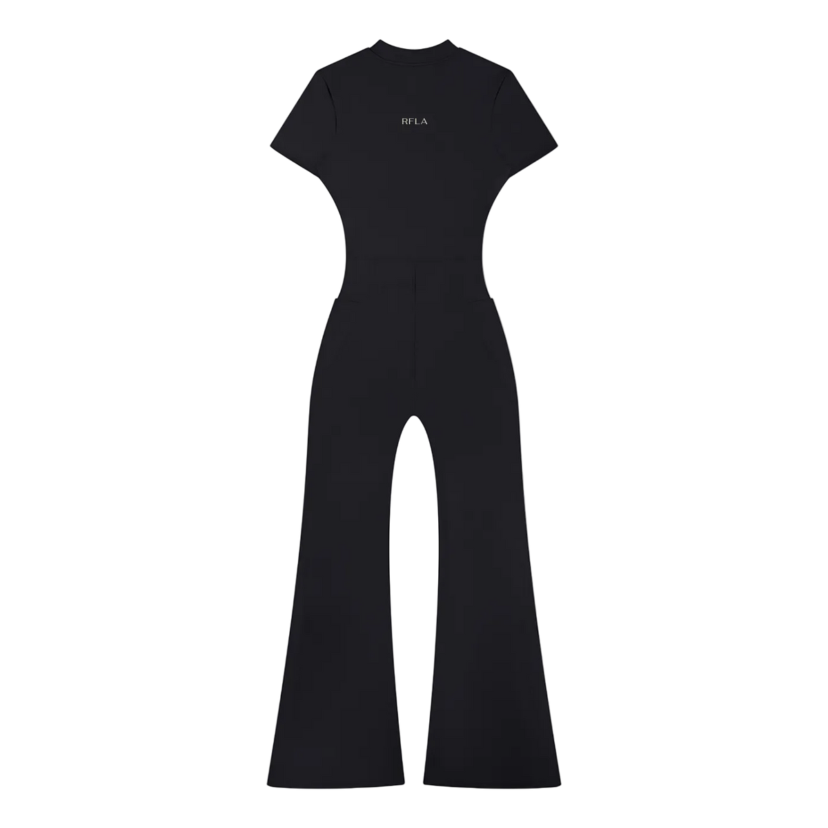Short-sleeve fitted one-piece with pronounced waist cutouts, flared legs and small centered RFLA logo near upper back