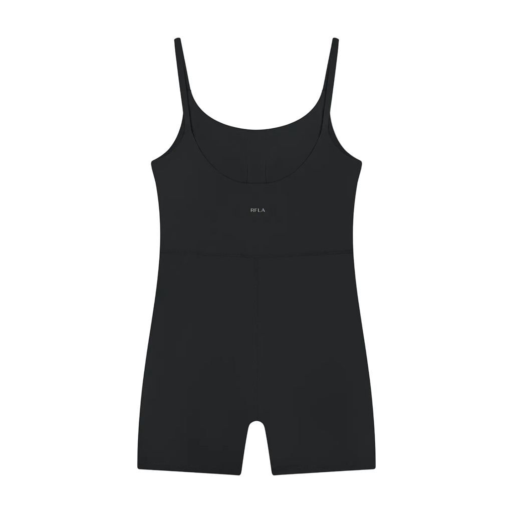 Sleeveless U-neck romper with thin straps, short legs and small centered 'RFLA' chest logo
