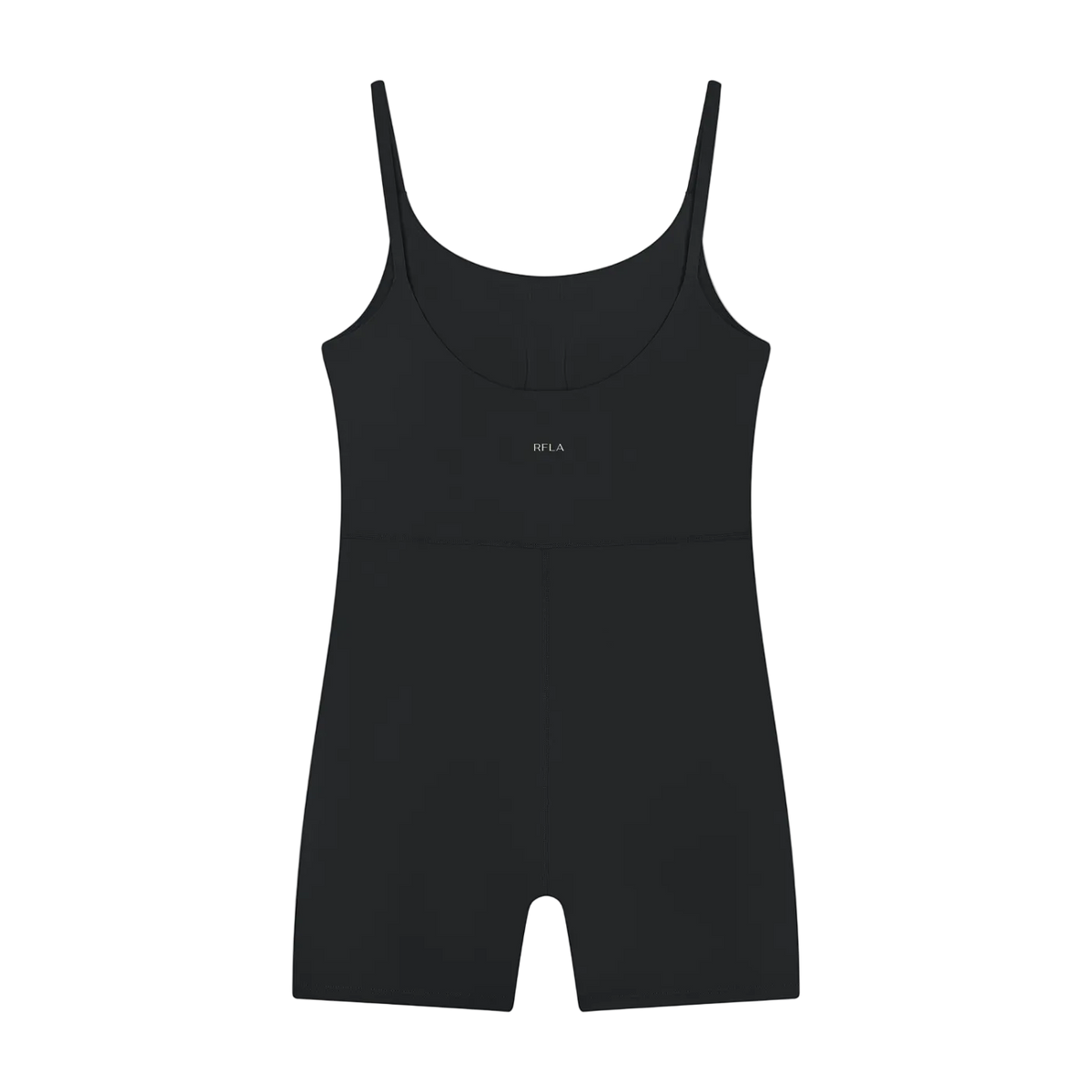Sleeveless U-neck romper with thin straps, short legs and small centered 'RFLA' chest logo