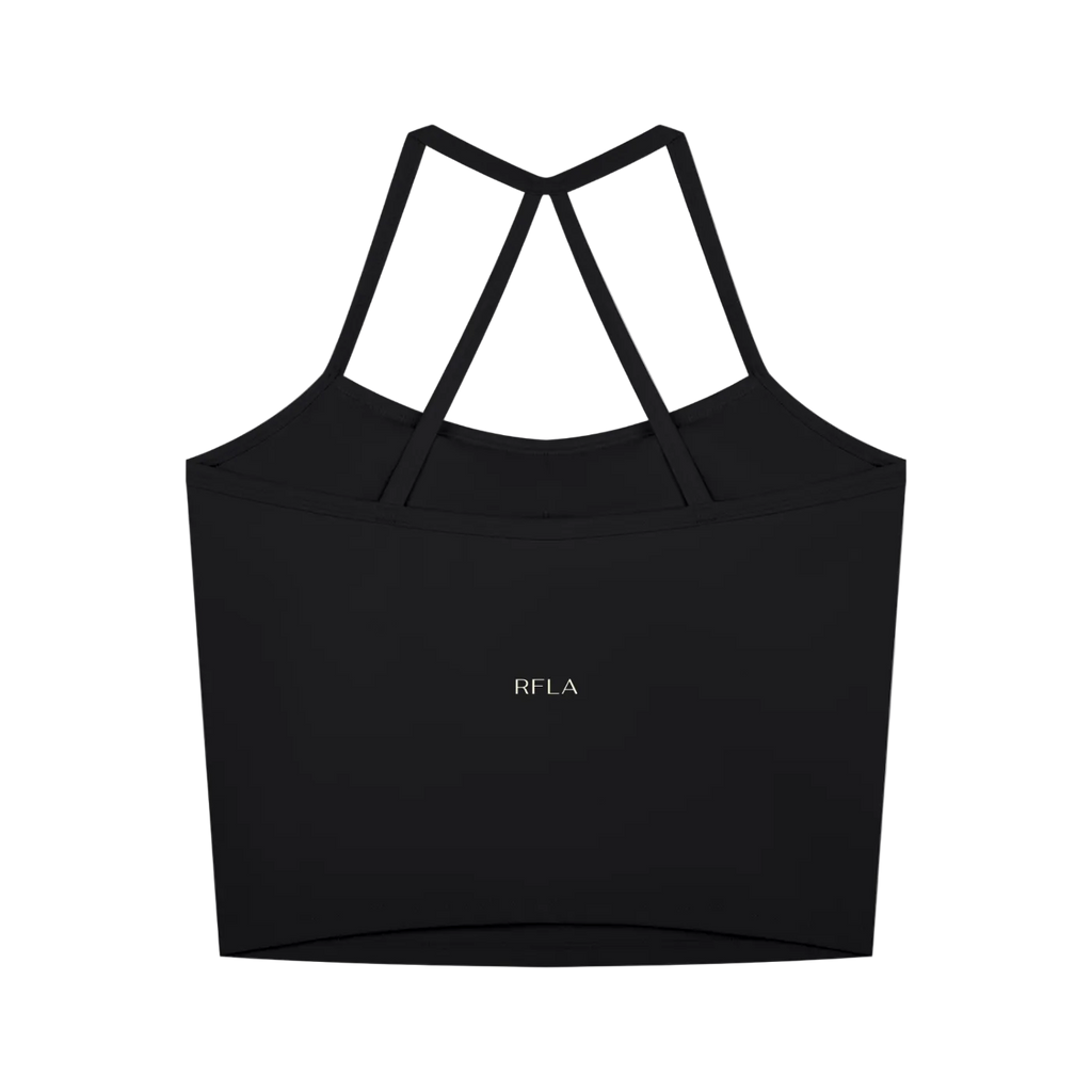 Back view of cropped sleeveless tank with double crisscross shoulder straps and small centered RFLA logo