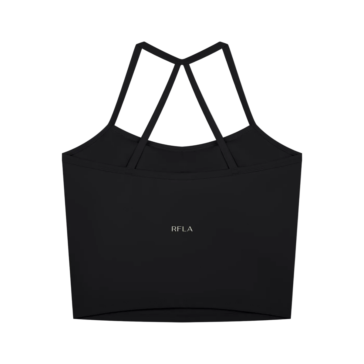 Back view of cropped sleeveless tank with double crisscross shoulder straps and small centered RFLA logo
