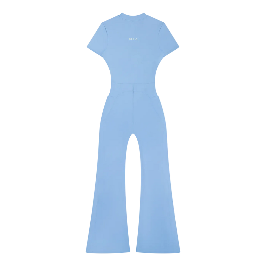 Back view light blue short-sleeve fitted jumpsuit with high waist, flared legs and small center-back logo