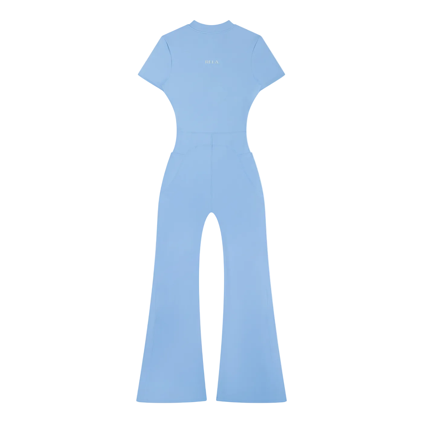 Back view light blue short-sleeve fitted jumpsuit with high waist, flared legs and small center-back logo