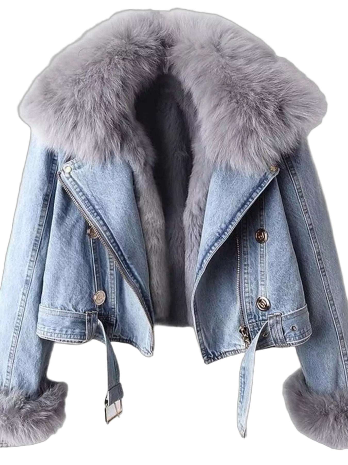 Light-wash denim jacket with oversized plush grey faux-fur collar, fur-lined interior, fur cuffs, metal buttons and straps