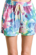Ribbed French terry shorts with cream drawstring, pocket openings, pastel pink blue green tie-dye pattern, above-knee length
