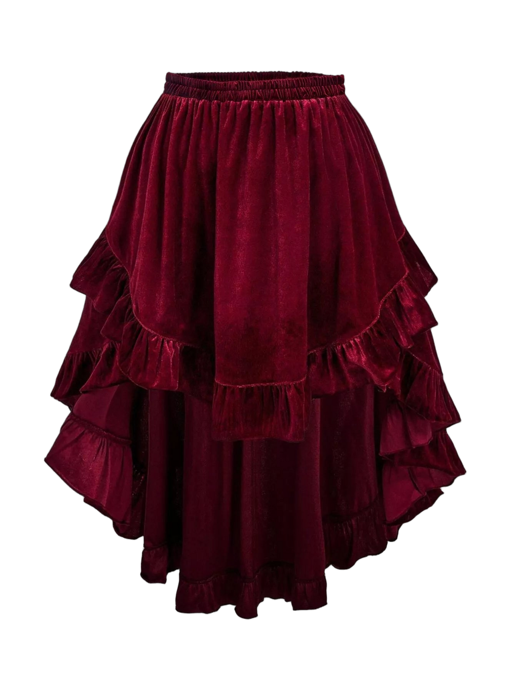 Burgundy velvet skirt with elastic waistband and layered ruffled asymmetrical hem