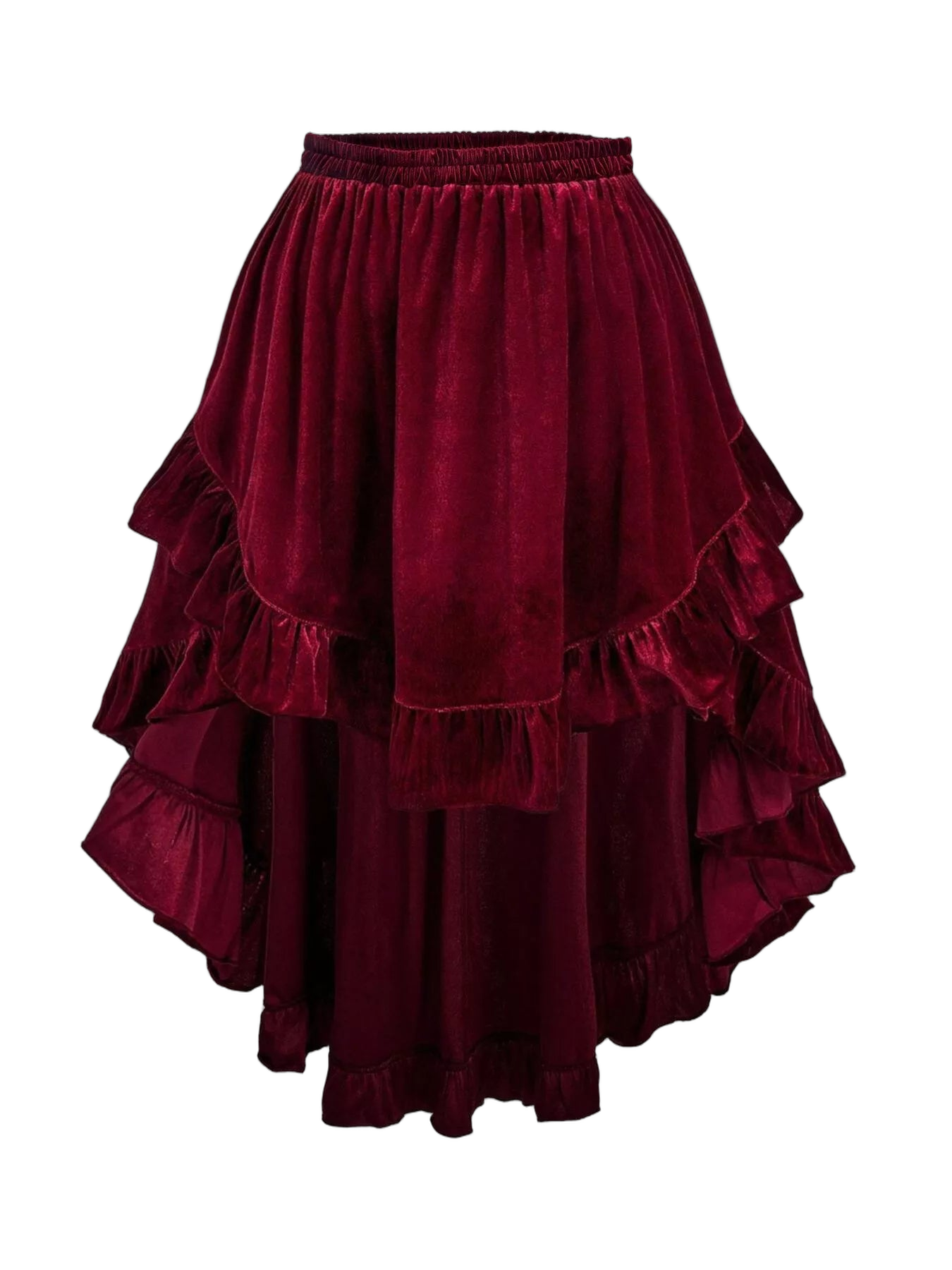 Burgundy velvet skirt with elastic waistband and layered ruffled asymmetrical hem