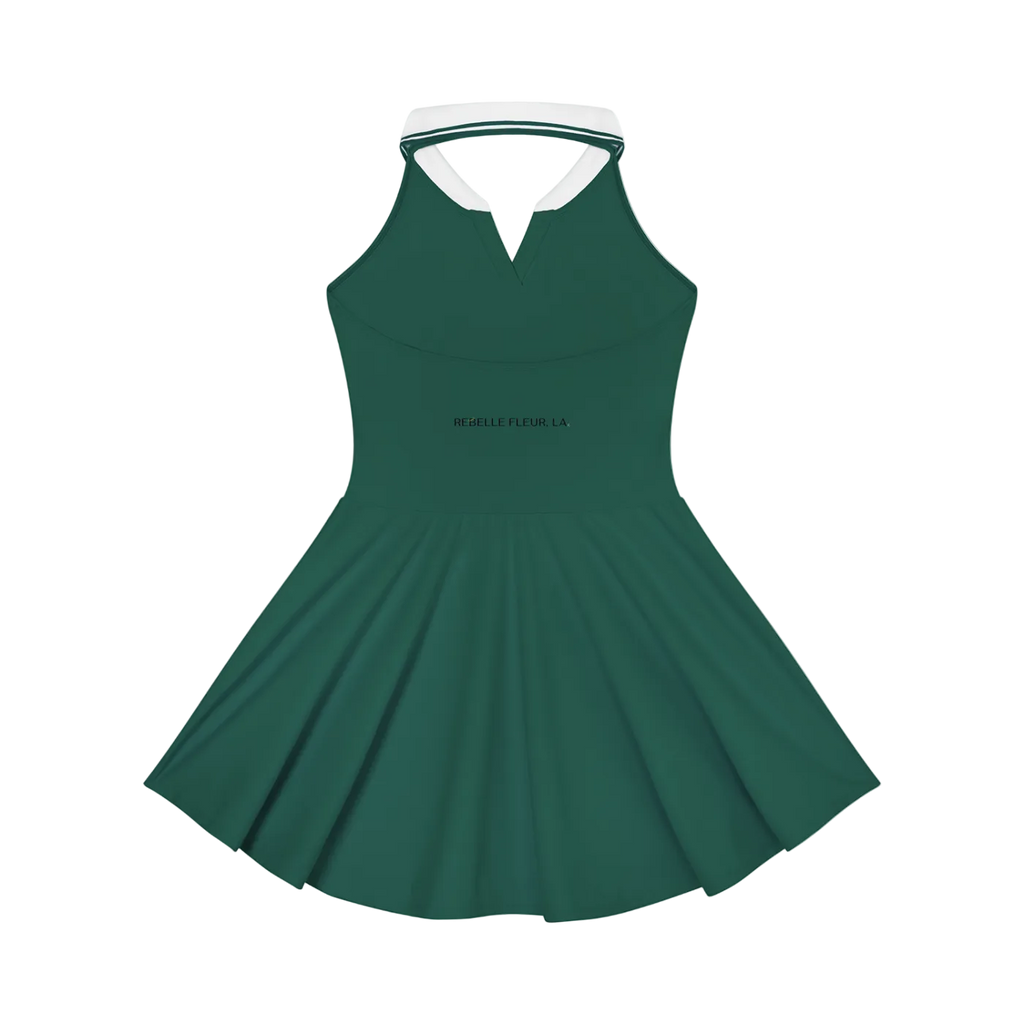 Blackish green sleeveless halter A-line tennis dress with white collar trim and REBELLE FLEUR, LA printed on bodice