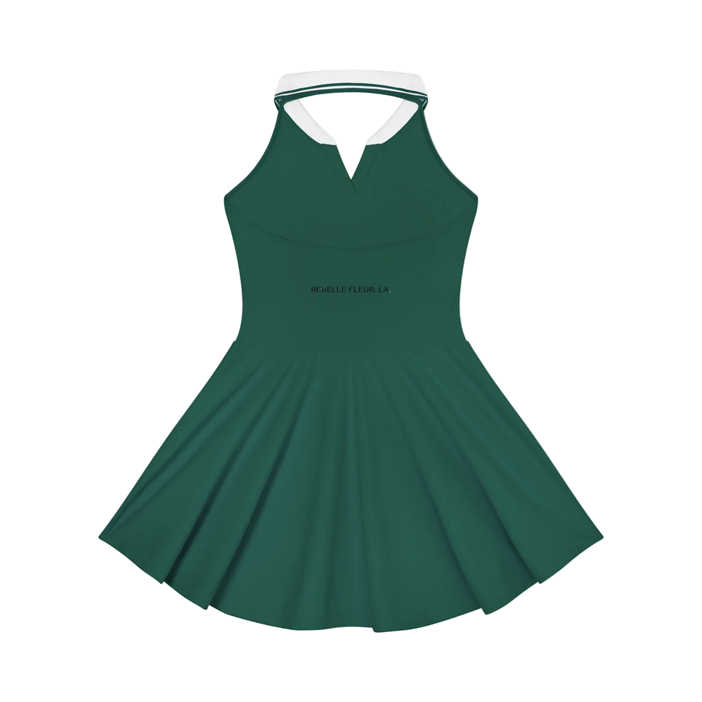 Blackish green sleeveless halter A-line tennis dress with white collar trim and REBELLE FLEUR, LA printed on bodice
