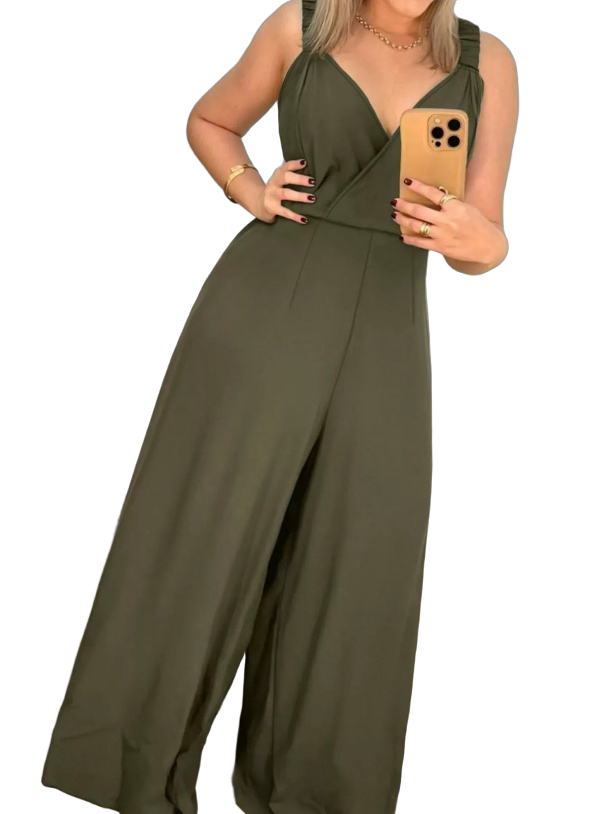 Plus-size model wearing army green wide-leg jumpsuit with wrap V-neck, ruched shoulder straps, holding phone