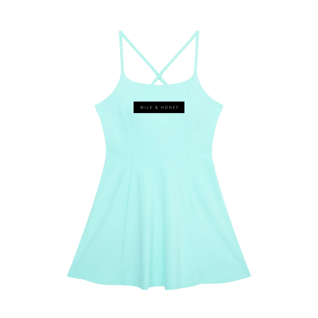 Sky blue sleeveless A-line dress with thin crisscross back straps and paneled skirt, 'MILK & HONEY' label at chest