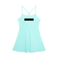 Sky blue sleeveless A-line dress with thin crisscross back straps and paneled skirt, 'MILK & HONEY' label at chest