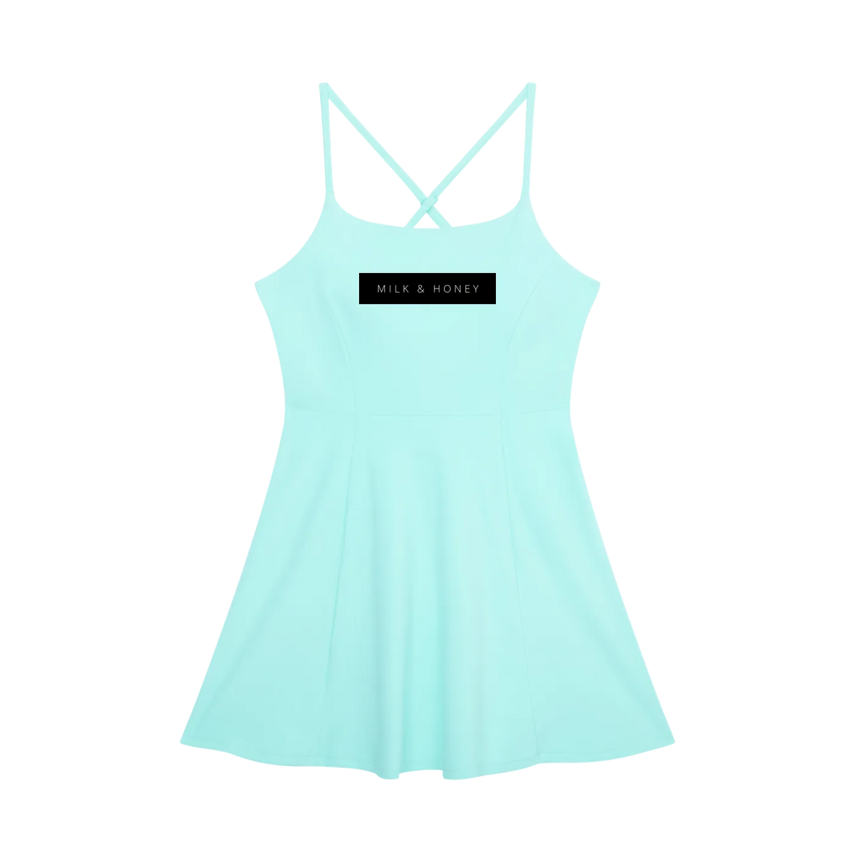 Sky blue sleeveless A-line dress with thin crisscross back straps and paneled skirt, 'MILK & HONEY' label at chest