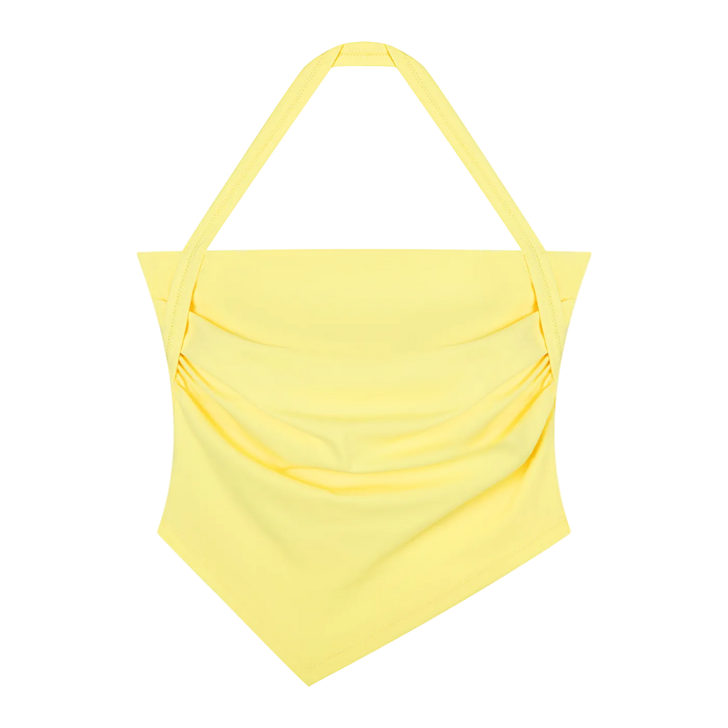 Pale yellow halter-neck cropped tank with draped front and pointed handkerchief hem